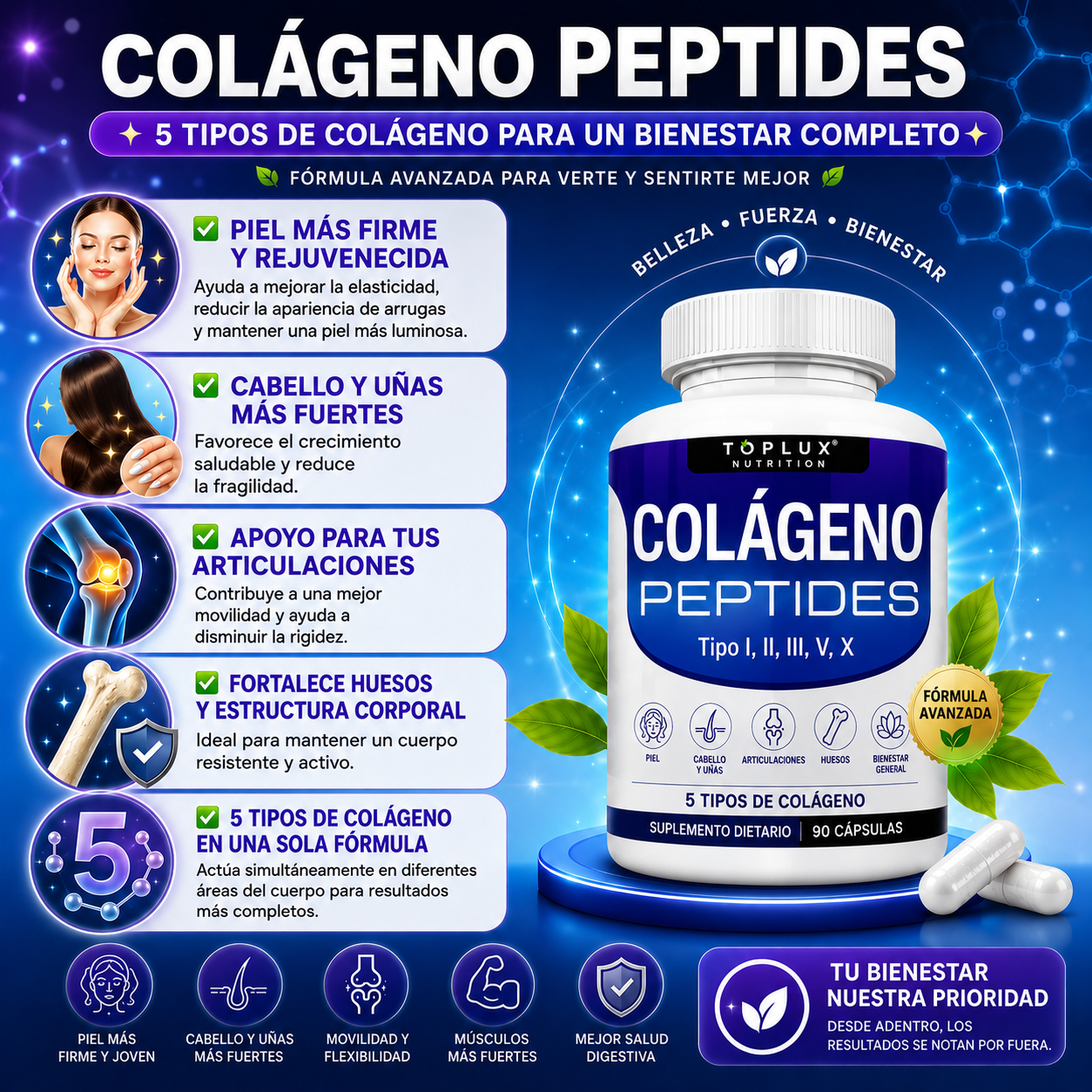 COLÁGENO PEPTIDES 5 TIPOS – 60 CÁPSULAS
